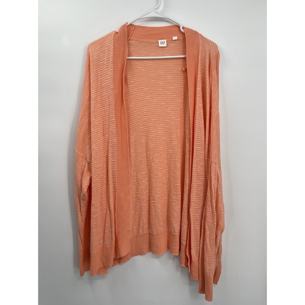 GAP XXL Cardigan Women Coral Orange Striped Open‎ Lightweight Oversized Knit